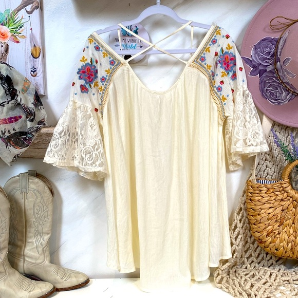 Cross Back boho Embroidered Lace Sleeves Blouse PTP-26/L-32 BNWT - Picture 9 of 10